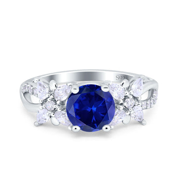 Art Deco Wedding Bridal Ring Round Simulated Blue Sapphire CZ 925 Sterling Silver